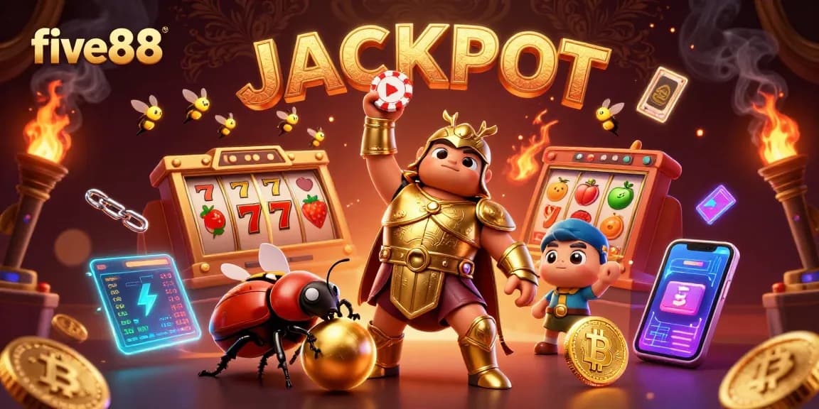 Engage with five88's thrilling gaming action showcasing a heroic beetle lifting a poker chip amid a jackpot celebration.