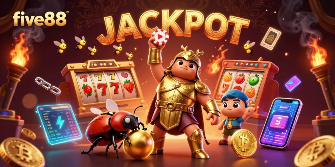 Engage with five88's thrilling gaming action showcasing a heroic beetle lifting a poker chip amid a jackpot celebration.