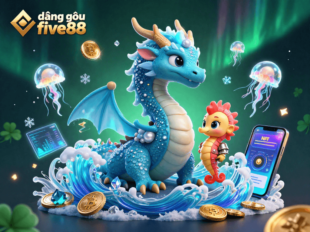 Engage with the vibrant world of đăng nhập five88, showcasing a dragon and seahorse knight amidst glowing crypto coins.