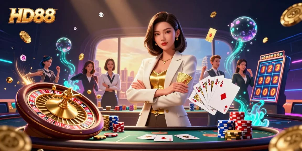 Play winning hands like in HD88 casino with 3D cards and chips amid vibrant casino elements.