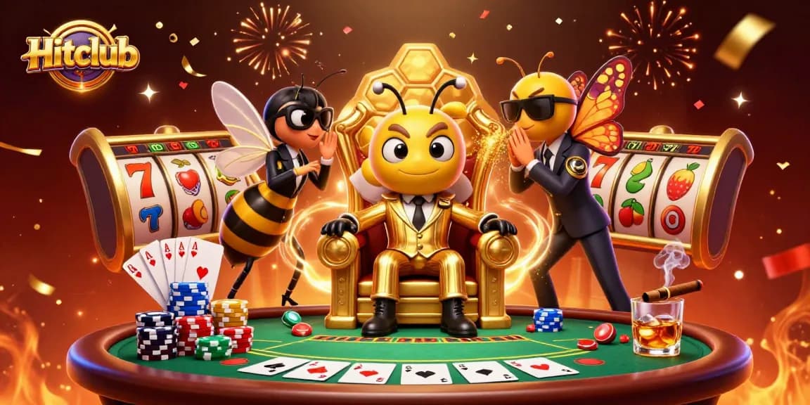 Hitclub showcases an exciting casino atmosphere with a lively scene of cartoon characters playing slots and poker.