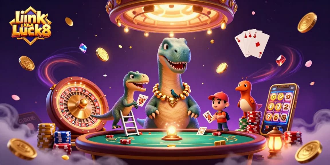 Engage with link KM Luck8 as the brontosaurus observes a dynamic casino scene filled with vibrant gaming excitement.