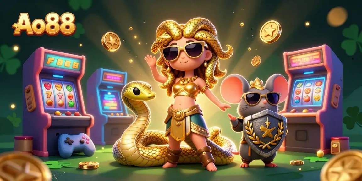 Spin jackpot slots with Ao88's cute Medusa and golden warrior in vibrant casino scene.