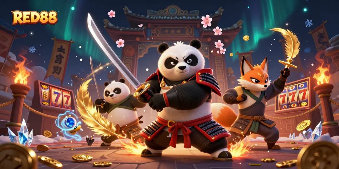 Experience thrilling gameplay at RED88 with our vibrant casino-themed 3D illustration featuring samurai and fox characters.