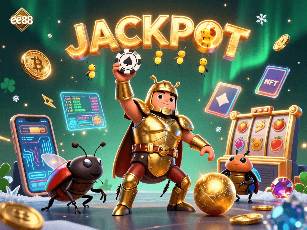 Celebrate jackpots with ee88 in a vibrant 3D casino scene filled with crypto symbols and rich detail.