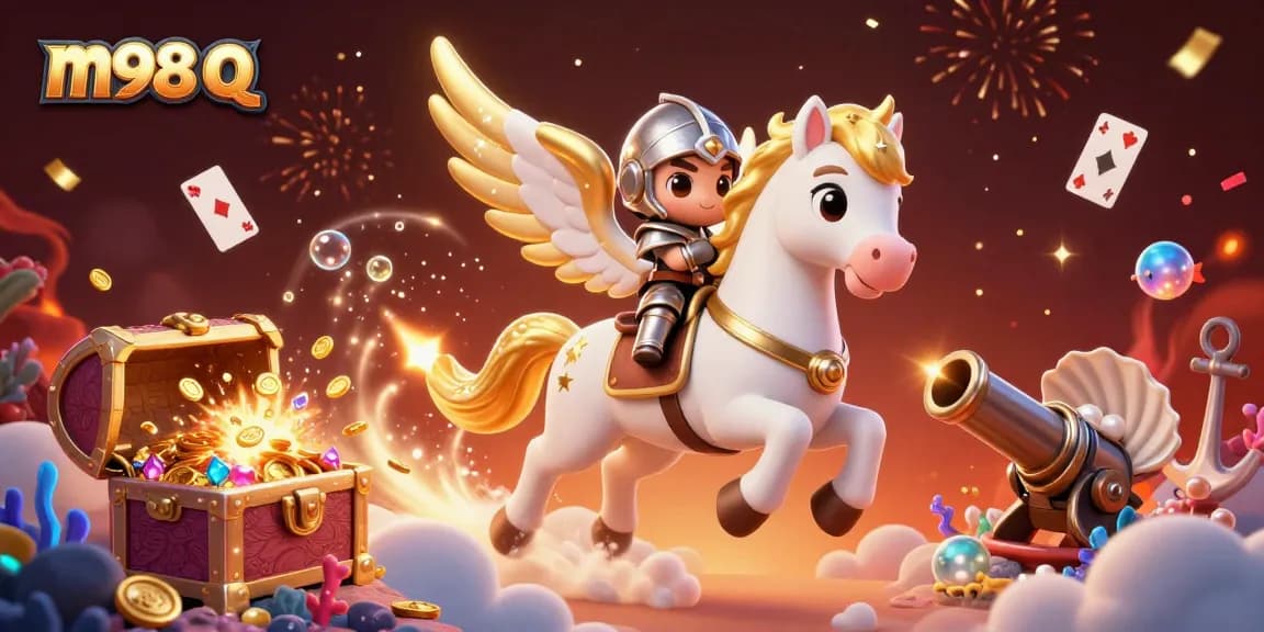 Experience m98 q gaming excitement with a celestial horse and knight surrounded by treasures and themed gameplay elements.