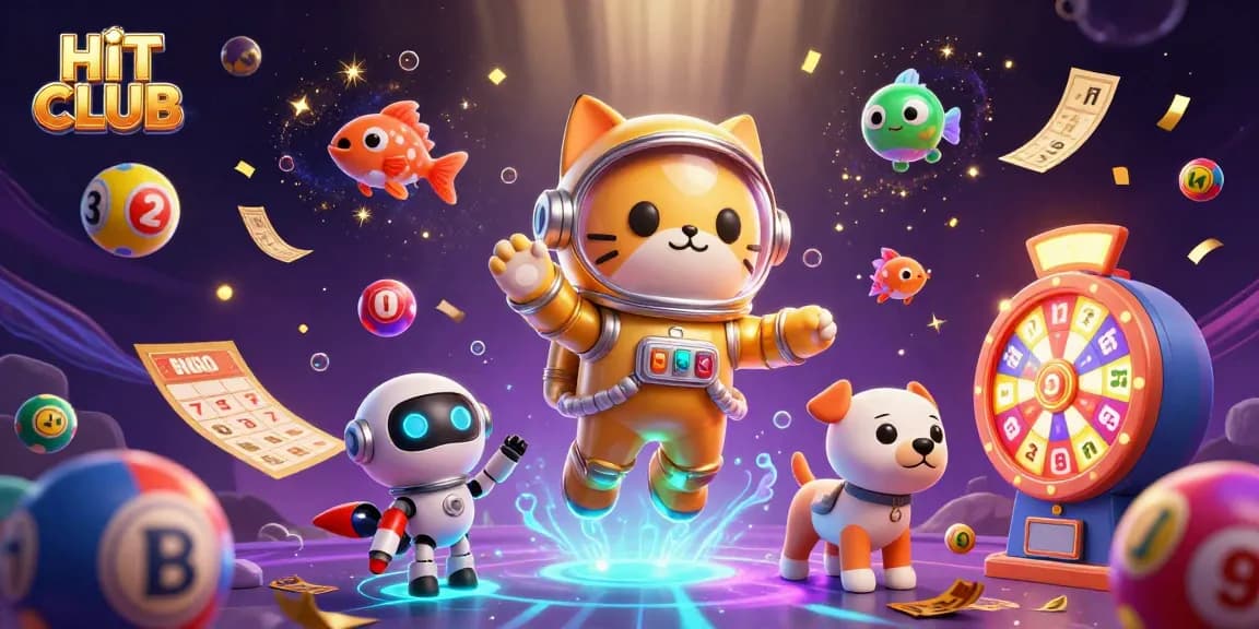 Play thrilling games at HIT CLUB with vibrant visuals of floating lottery balls and golden gaming elements.