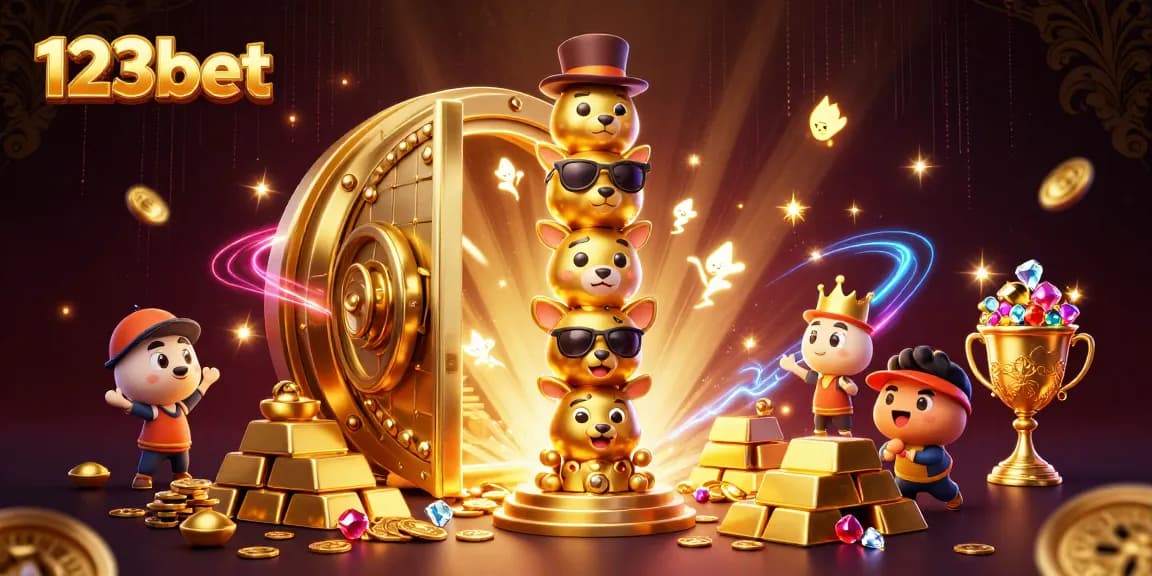 Engage with 123bet's vibrant casino scene, featuring dynamic gambling elements and gold treasures.
