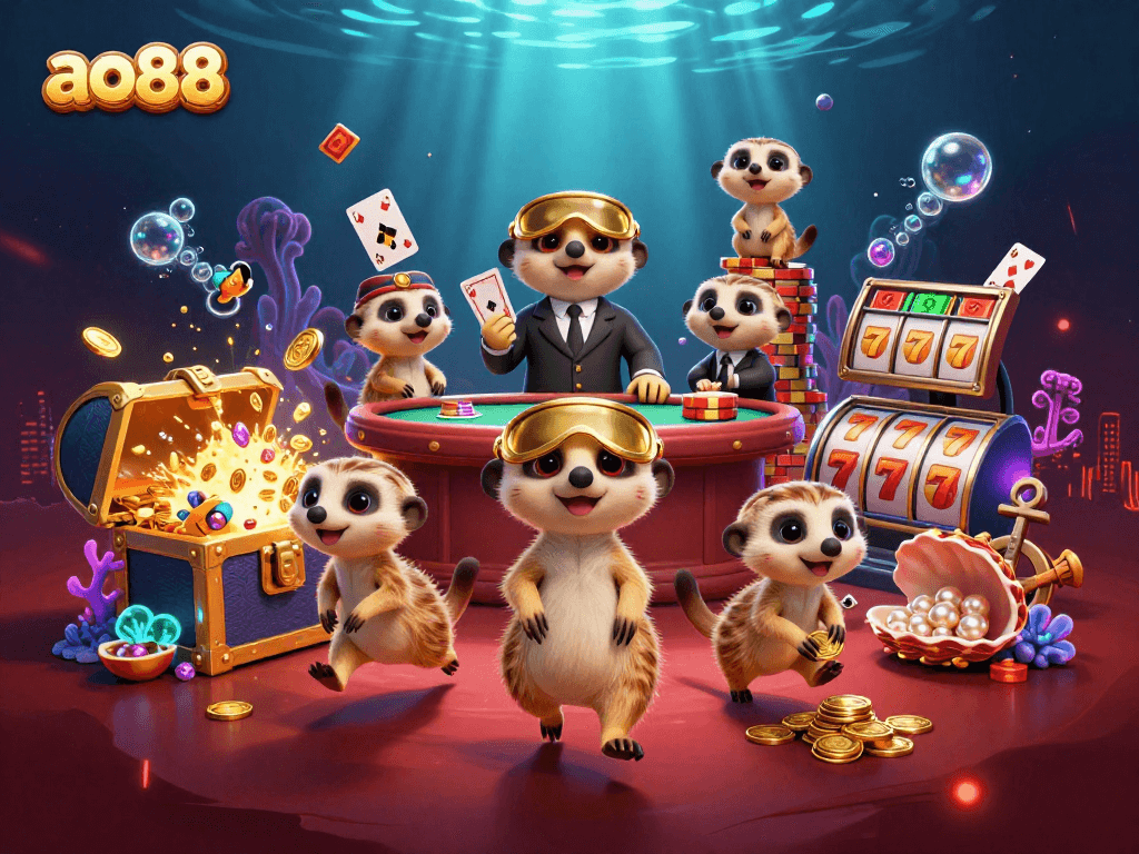 Engaging scene of ao88 meerkats operating a casino, with vibrant colors and dynamic gaming elements.