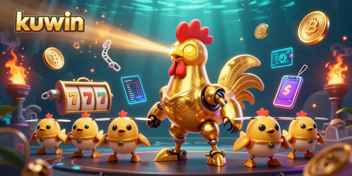 Kuwin elevates excitement with a dynamic scene featuring a golden rooster robot among rich casino game elements.