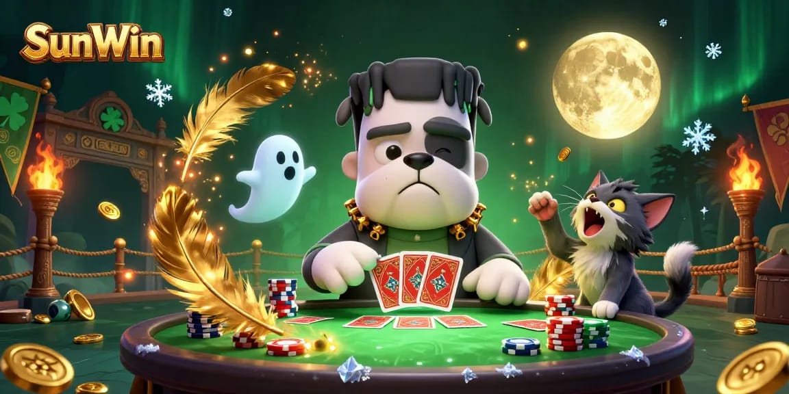Experience SunWin's thrilling card games with cartoon characters in a spooky green-lit casino atmosphere.