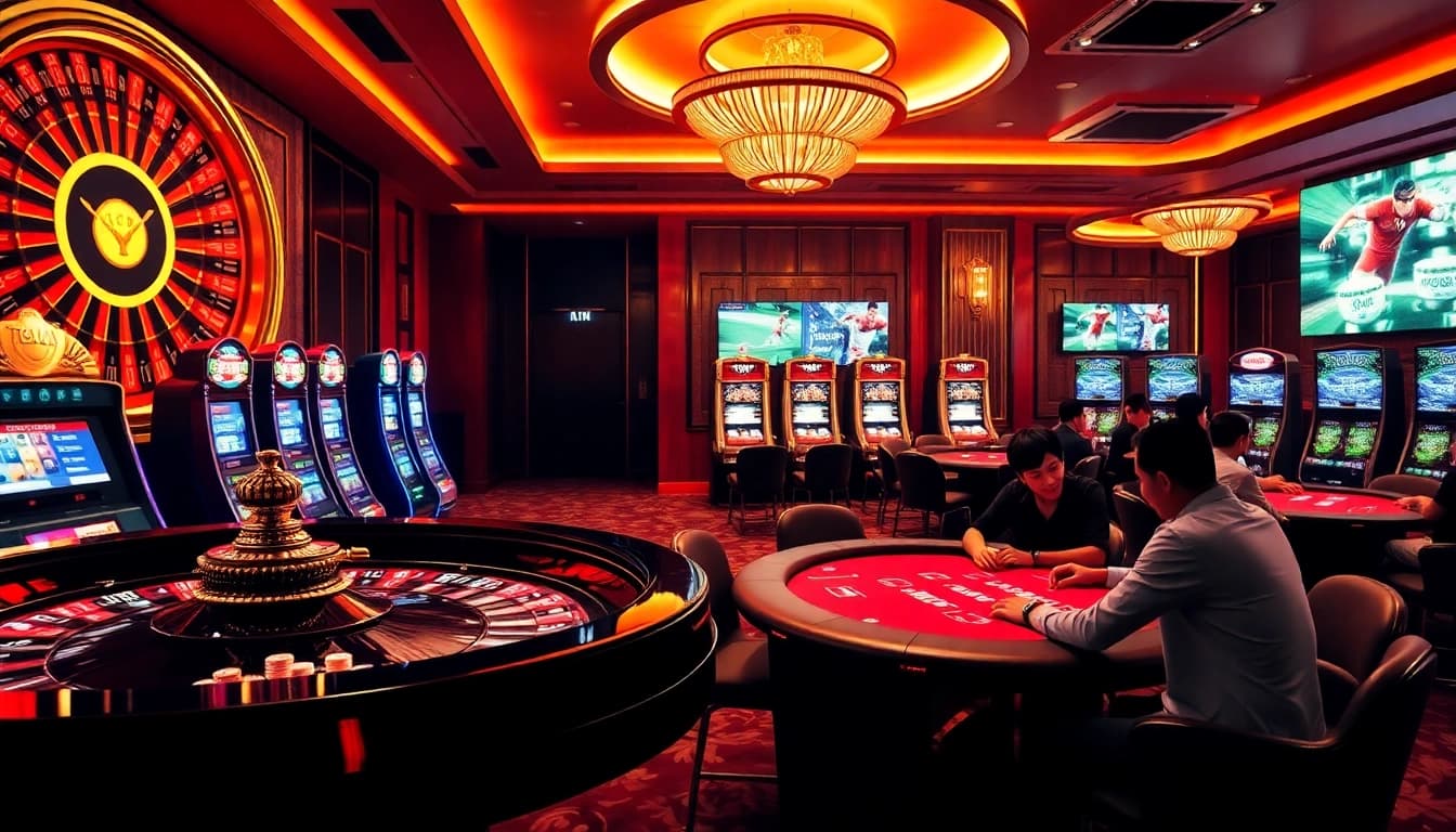 Experience the thrill of Vào Lưới TV in this lively casino setting with roulette and poker tables.