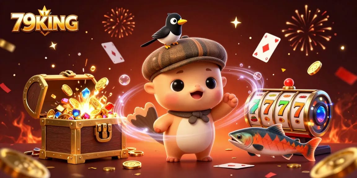 Experience thrilling wins at 79KING with playful characters and vibrant gaming elements in an exciting casino scene.