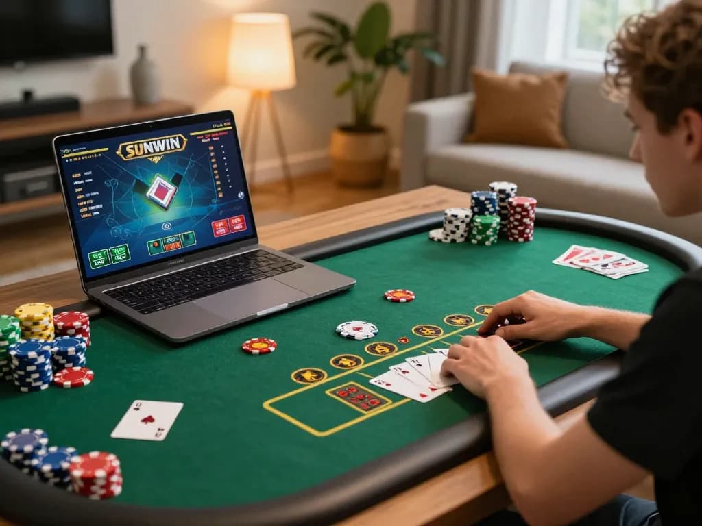 Player engaging in online gaming at SUNWIN, surrounded by poker chips and cards, showcasing a fun gaming atmosphere.