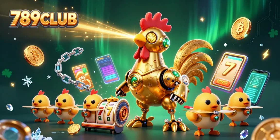 Join 789CLUB for thrilling slot gameplay and dazzling winnings represented by a golden rooster robot.