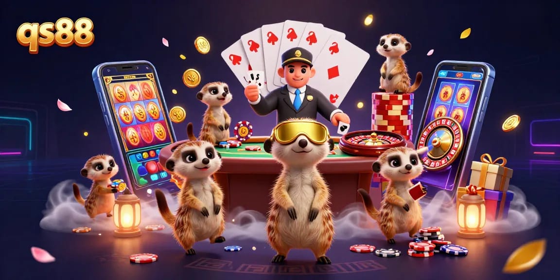 Experience the excitement of qs88 with animated meerkats managing a lively casino scene.