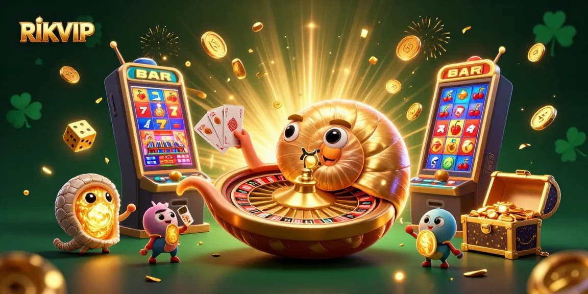 Experience excitement at RIKVIP with vibrant casino games and a dynamic 3D illustration of winning moments.