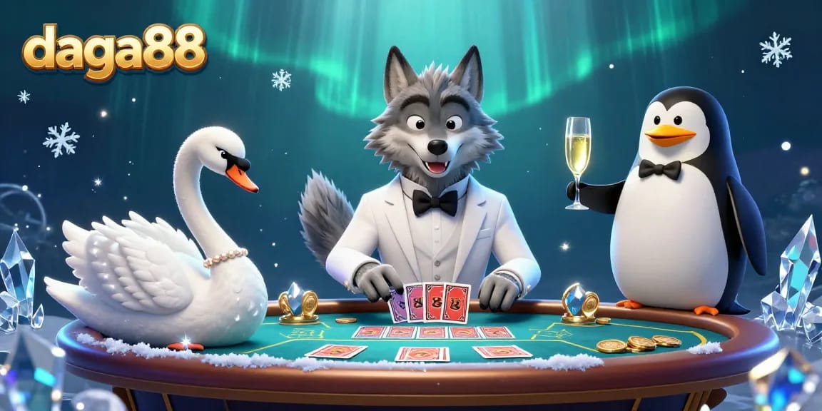 Engage in thrilling gameplay at daga88 with a 3D cartoon wolf and friends at a luxury casino table
