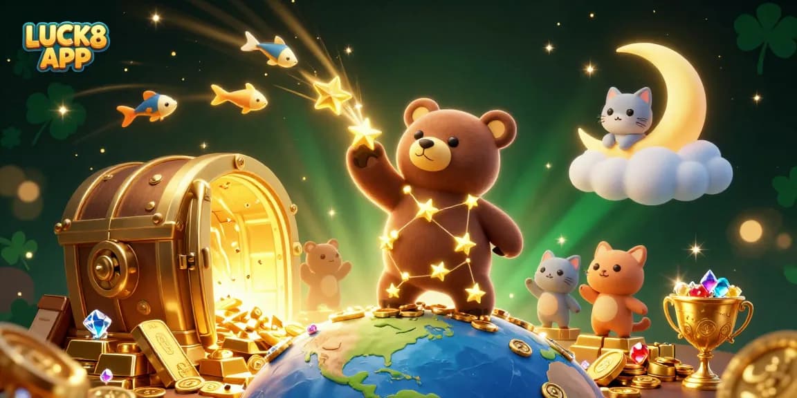 Experience thrilling gameplay with the LUCK8 APP, featuring a constellation bear and treasure elements in a casino-themed illustration.