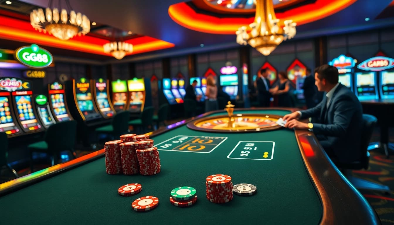 Players enjoying an exhilarating game at GG88's casino tables, surrounded by slot machines.