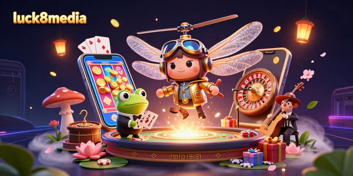 Engage with luck8media's vibrant casino scene featuring a dragonfly pilot and frog dealer.