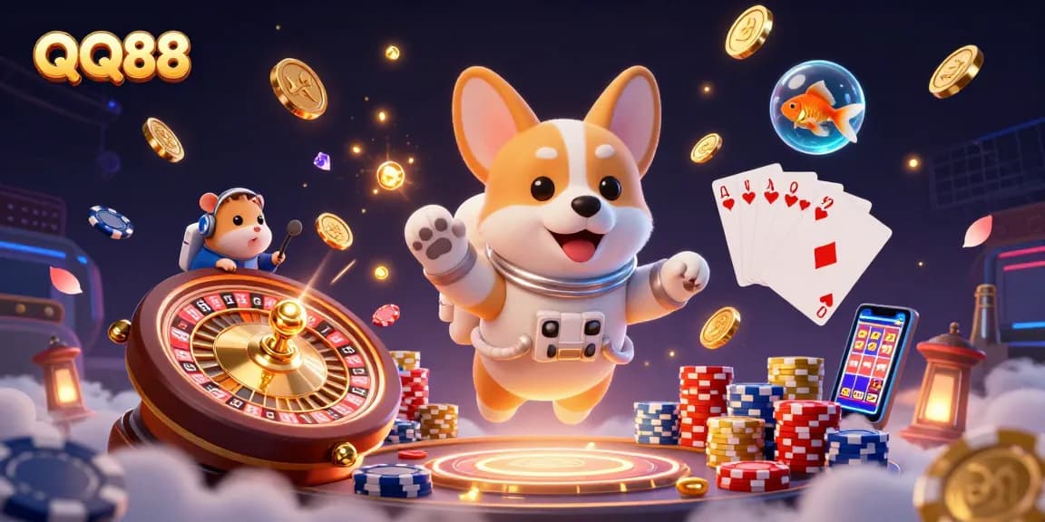 Experience the thrill of QQ88 with a 3D astronaut corgi and casino games in zero gravity.