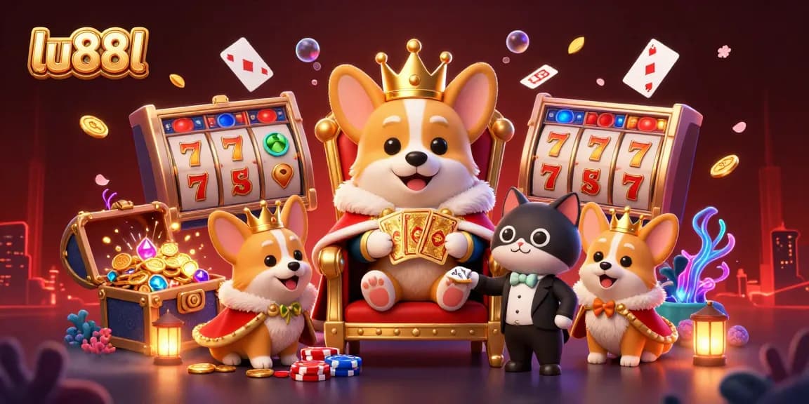 Engage with the vibrant casino world of lu88l featuring a royal corgi on poker chips among lively gaming elements.