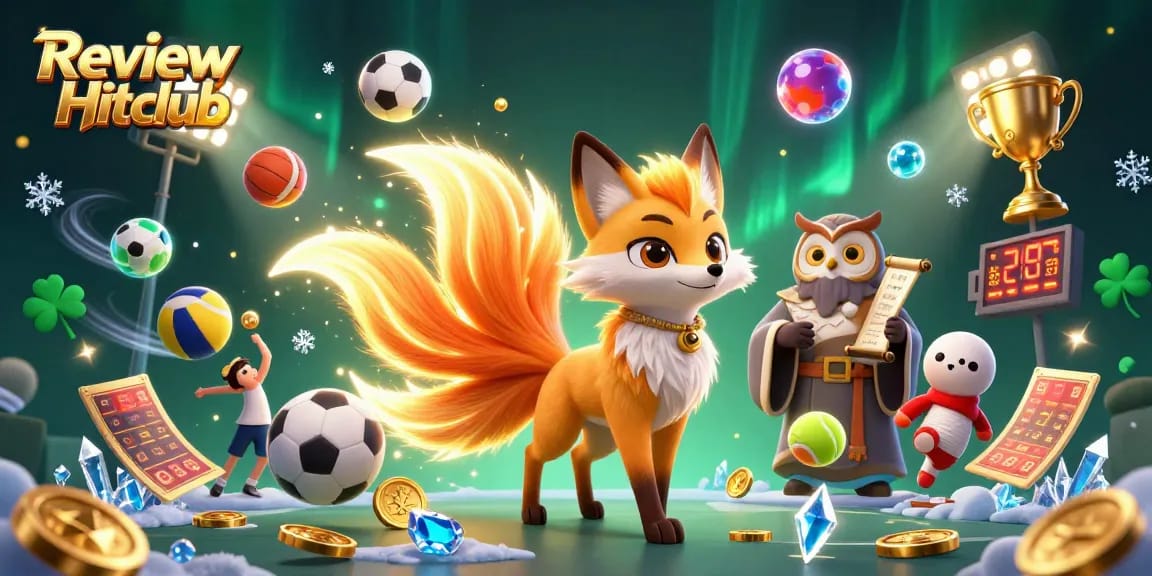 Review Hitclub showcases vibrant gaming elements with a nine-tailed fox and wise owl in a casino atmosphere.