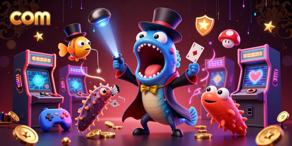 Engaging gambling scene with bioluminescent eel performing tricks at com casino entertainment.