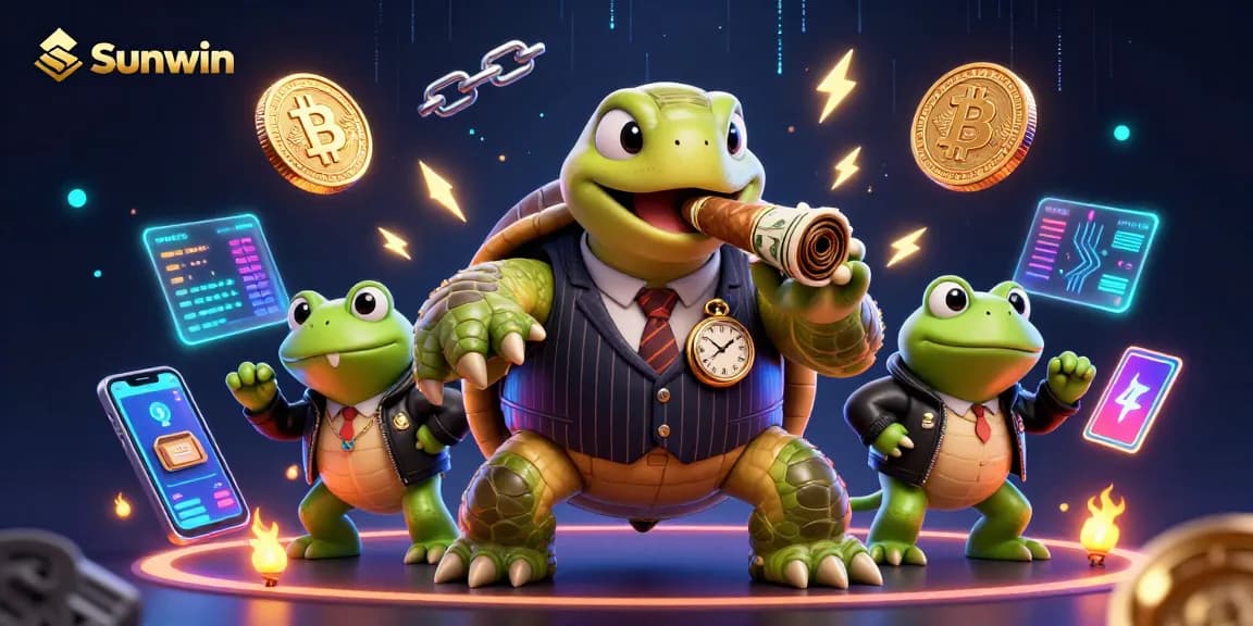 Sunwin offers thrilling betting experiences featuring a snapping turtle in a mobster suit among vibrant gaming elements.