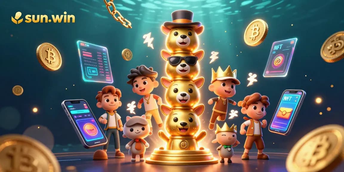 Experience sun-win's animated casino joy with a vibrant totem and glowing crypto coins!