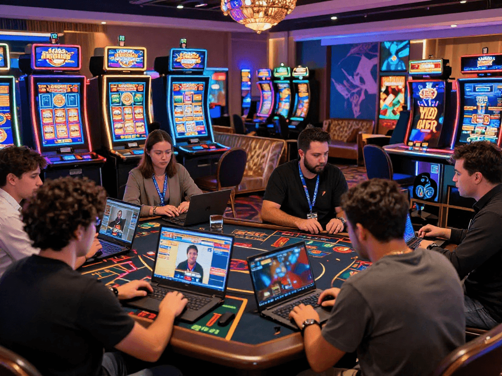 Players exploring the best USA online casinos in a vibrant virtual gaming atmosphere, enjoying immersive experiences on laptops and mobiles.