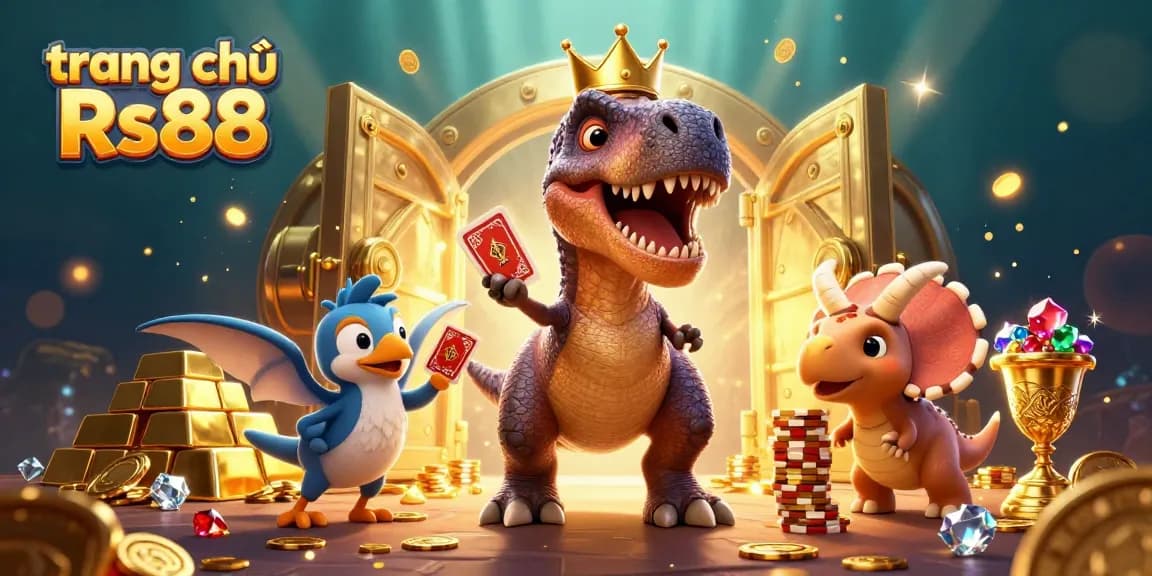 Experience excitement at trang chủ Rs88 with a fun T-Rex, pterodactyl, and triceratops in a lively casino scene.