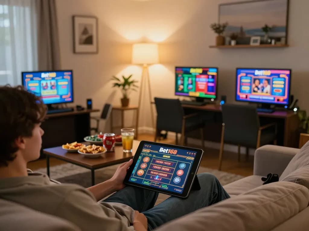 Bet168 player engaged in online gaming on a tablet, showcasing a dynamic casino atmosphere with home comfort