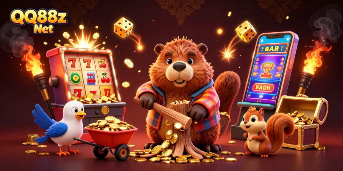 Experience the thrill of QQ88z Net with coins raining from a tree and dynamic casino elements.