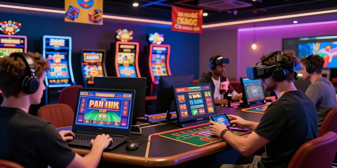Players exploring non UK casinos on various devices in a vibrant gaming lounge.
