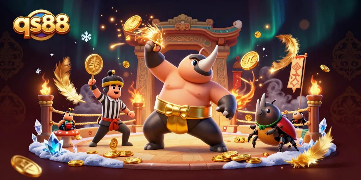 qs88 showcases a dynamic casino scene with a rhinoceros beetle champion in action, amidst gold coins and betting tokens.