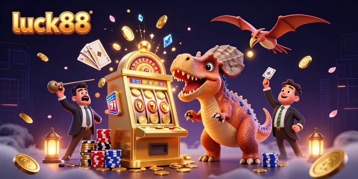 Watch luck88 characters winning big at the slot machine amidst cascading coins and vibrant gaming elements.