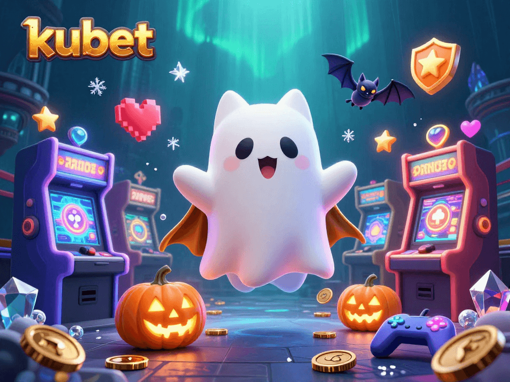 Engage with kubet's haunted casino adventure featuring a ghost cat, bat, and glowing poker symbols.