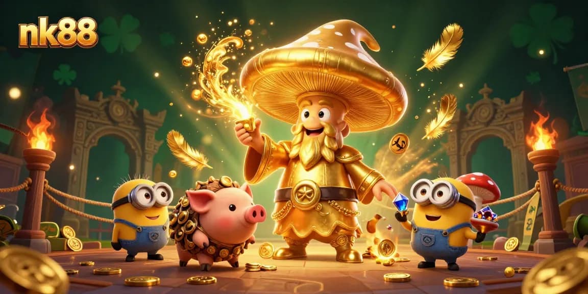 Experience the magic of nk88 casino with a golden mushroom wizard and treasures in a vibrant fantasy setting.