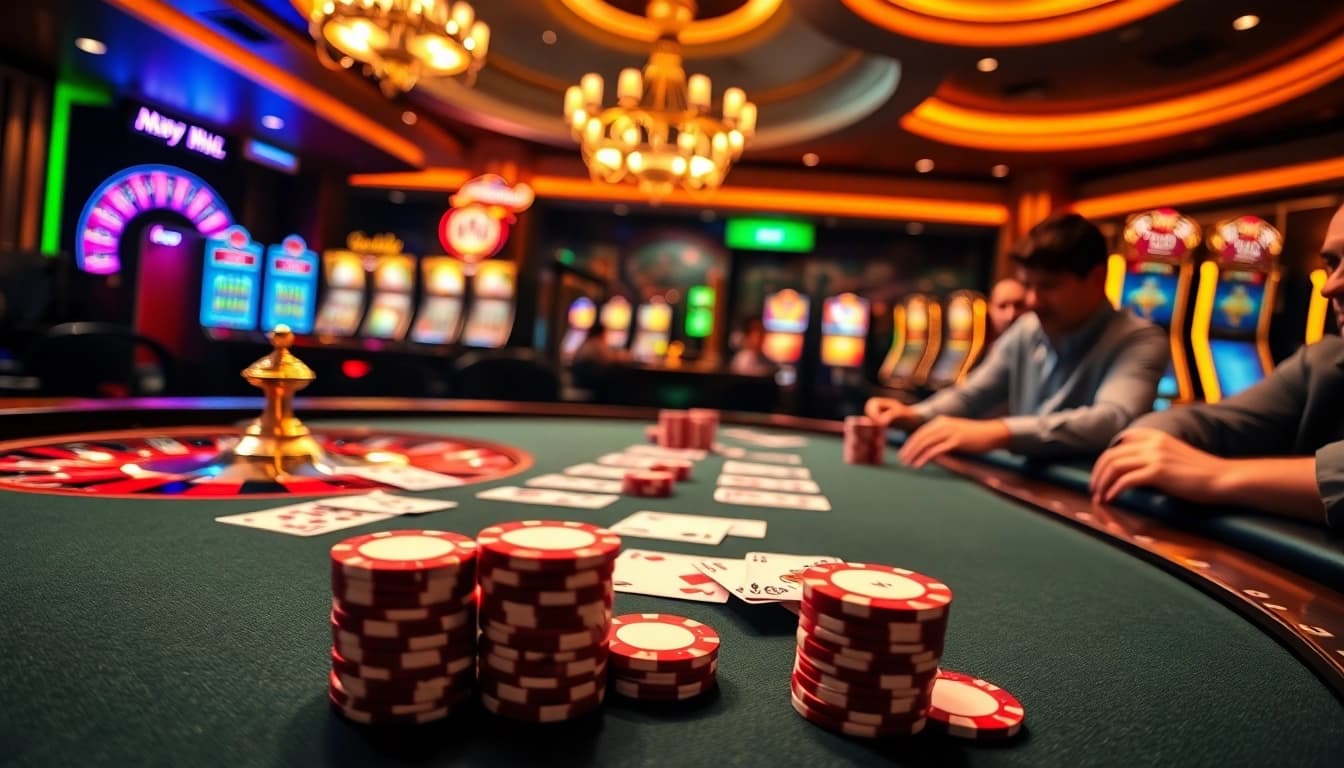 79KING casino scene with a poker table, vibrant chips, and roulette wheel excitement.