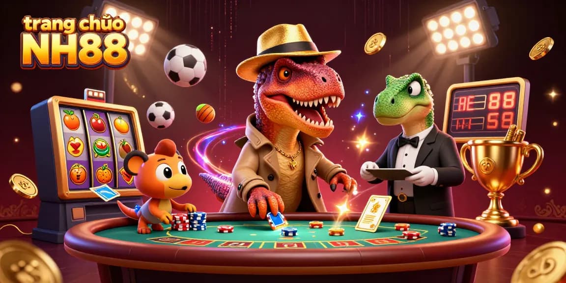 Experience thrilling gameplay at trang chủ NH88, featuring a cheeky velociraptor at the blackjack table.