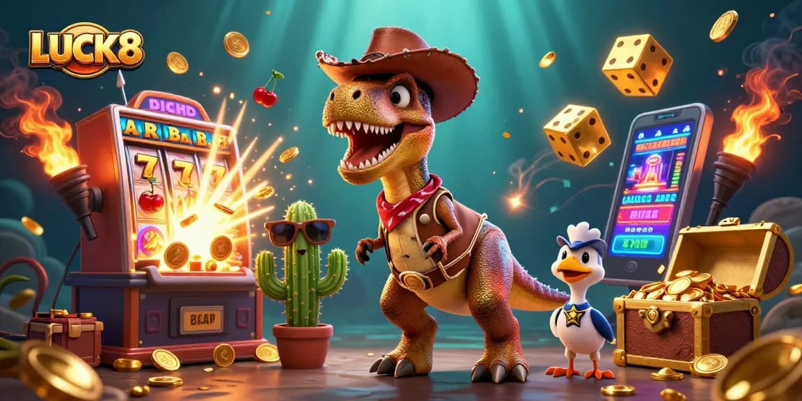 Experience thrilling game play on LUCK8 with a 3D dinosaur cowboy, slots, and adventure elements.