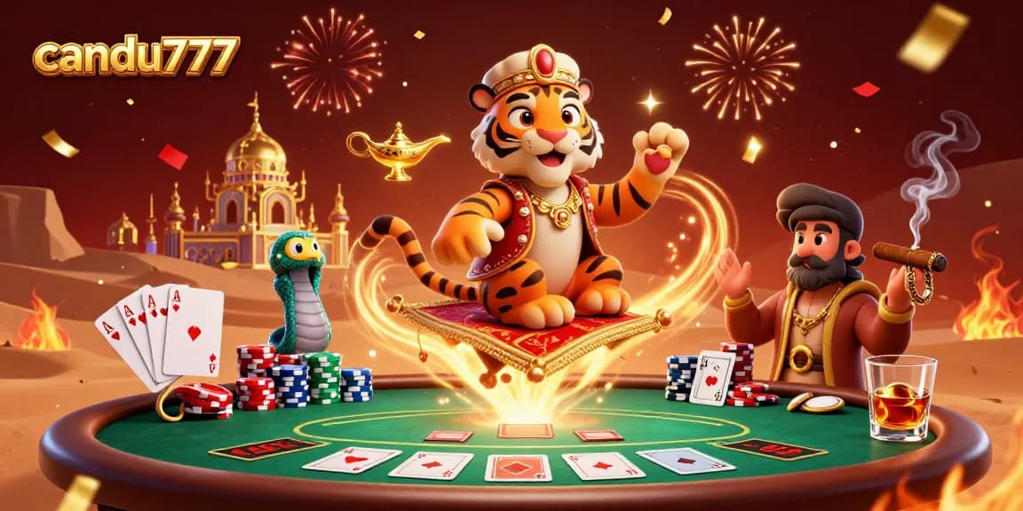 Candu777 showcases an exciting 3D illustration featuring a tiger sultan on a flying carpet, enhancing the slot gaming experience.