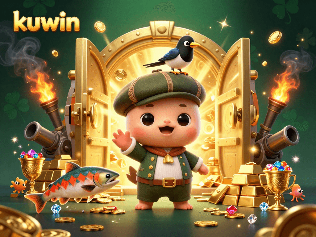 kuwin's engaging illustration features playful cartoon characters in a fish shooting game, highlighting excitement.