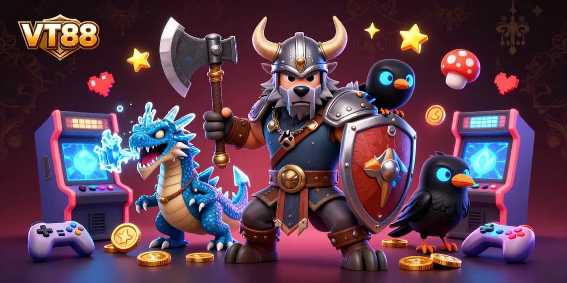 Play engaging games at VT88 with Viking and dragon characters in a vibrant casino illustration.