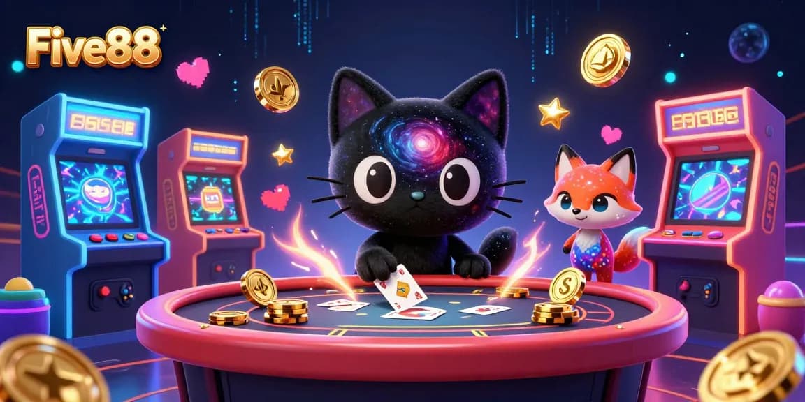 Five88 cat pulls in chips at a cosmic casino, showcasing vibrant gaming elements.