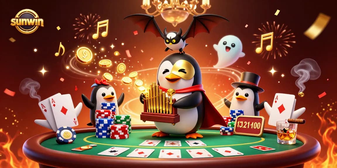 Win big with sunwin in this vibrant casino scene featuring a penguin playing an organ.