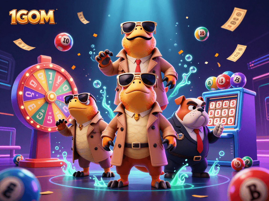Engage with exciting games at 1GOM while vibrant lottery balls float dynamically around cartoon raptors.