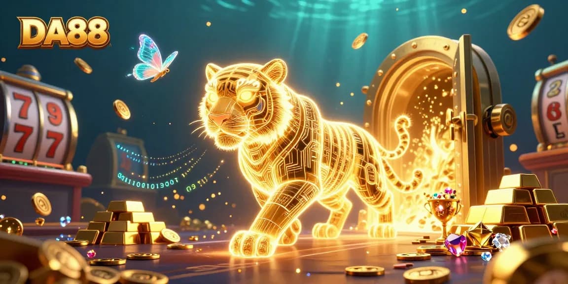 Experience thrilling gaming action at DA88 with vibrant 3D casino visuals filled with dynamic slots and treasures.